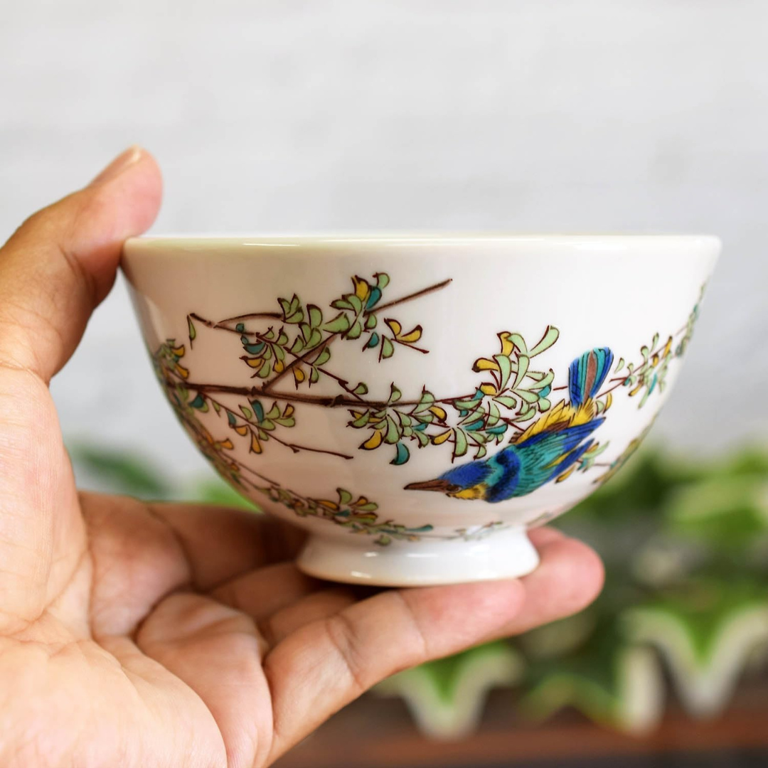 Rice Bowl Blue Bird Ceramic Kutani Ware