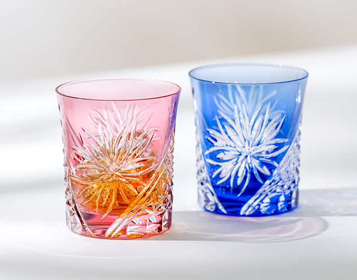 Kagami Crystal Edo Kiriko Rock Glass Pair Red and Blue [Edo Chrysanthemum] TPS542-2995-AB