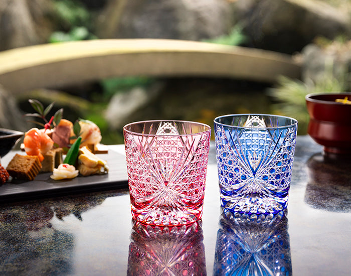 Kagami Crystal Edo Kiriko Rock Glass Pair Red and Blue [Sash] TPS577-2965-AB