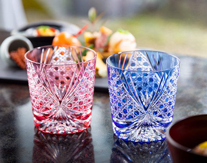 Kagami Crystal Edo Kiriko Rock Glass Pair Red and Blue [Sash] TPS577-2965-AB