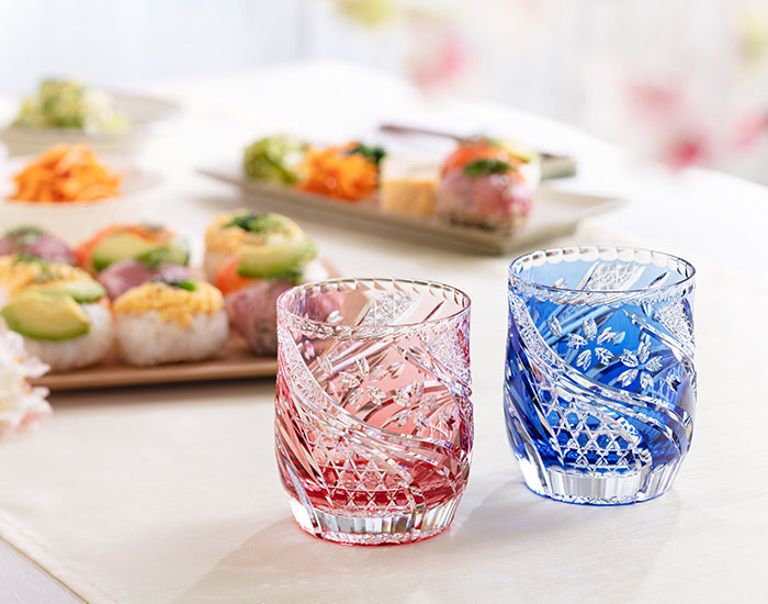 Kagami Crystal Edo Kiriko Rock Glass Pair Red and Blue [Sakura style] TPS753-2996-AB