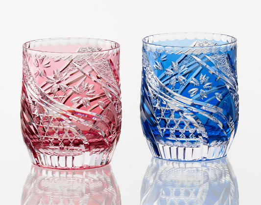 Kagami Crystal Edo Kiriko Rock Glass Pair Red and Blue [Sakura style] TPS753-2996-AB