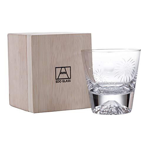 Tajima Glass Edo Glass Mt. Fuji rocks glass in wooden box (moon and fireworks)