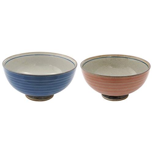 Hasami Ware Tenryu Pottery Sendan Gosumaki Rice Bowl Pair (Red And Blue)