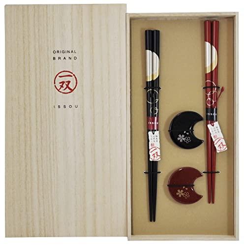 Isso couple chopsticks, painted chopsticks, paulownia box, Yoimachizuki + chopstick rest, Hanazakura, 2 sets, made in Japan