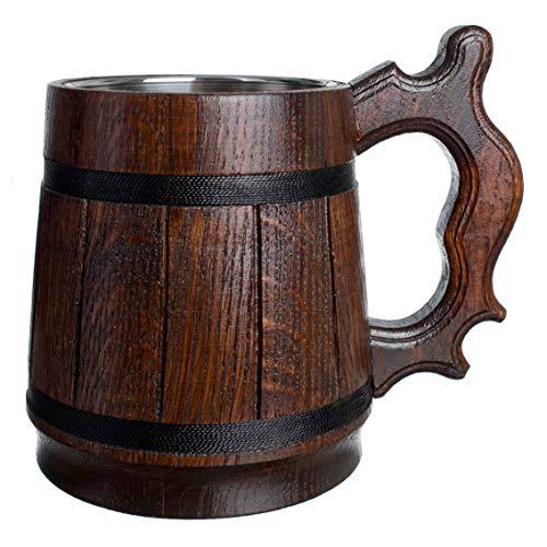 MyFancyCraft Wooden Beer Mug with Box Stainless Steel Cup Men Souvenir Handmade Retro Brown