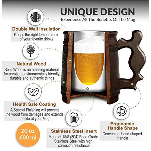 MyFancyCraft Wooden Beer Mug with Box Stainless Steel Cup Men Souvenir Handmade Retro Brown