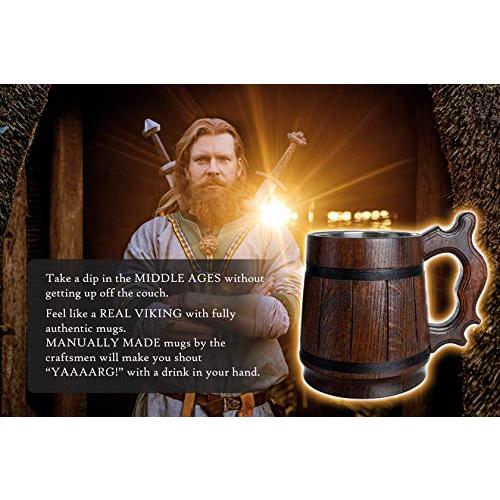 MyFancyCraft Wooden Beer Mug with Box Stainless Steel Cup Men Souvenir Handmade Retro Brown