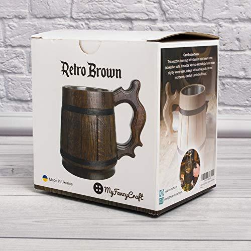 MyFancyCraft Wooden Beer Mug with Box Stainless Steel Cup Men Souvenir Handmade Retro Brown