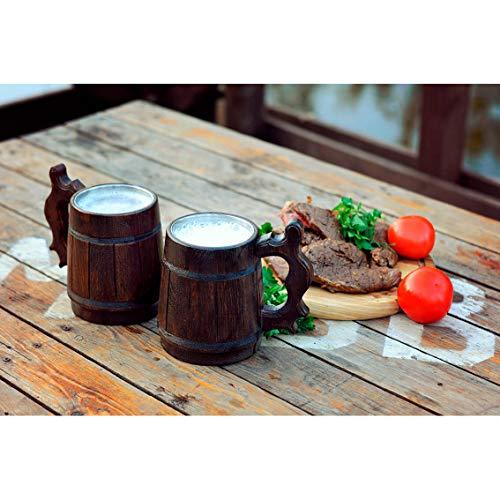 MyFancyCraft Wooden Beer Mug with Box Stainless Steel Cup Men Souvenir Handmade Retro Brown