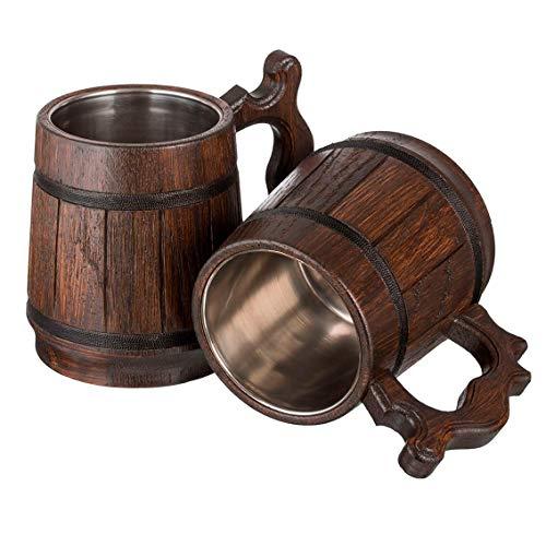 MyFancyCraft Wooden Beer Mug with Box Stainless Steel Cup Men Souvenir Handmade Retro Brown