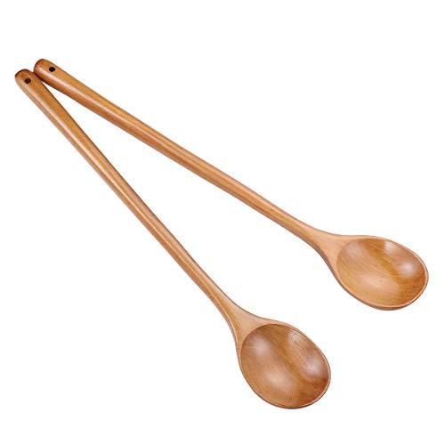 OUNONA Wooden Long Handle High Heat Resistant Cooking Spoon Mixing Spoon Handmade Cookware for Kitchen Restaurant 2 Pieces