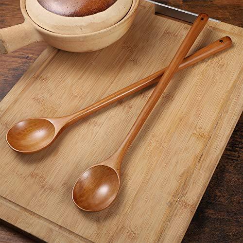 OUNONA Wooden Long Handle High Heat Resistant Cooking Spoon Mixing Spoon Handmade Cookware for Kitchen Restaurant 2 Pieces