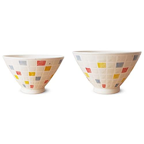 J-Kitchens Isaozan Kiln Pair Tea Bowl 12.6Cm & 11.5Cm Hasami Ware Made In Japan Stained Lattice