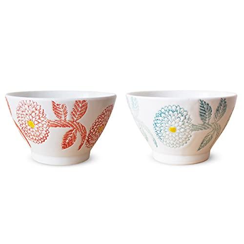 J-Kitchens Isaozan Kiln Pair Kurawanka Tea Bowl 10.8Cm Hasami Ware Made In Japan Dahlia Light Blue Red