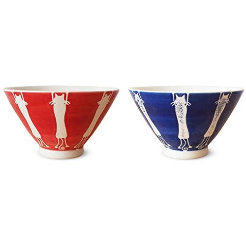 J-Kitchens Isaozan Kiln Pair Tea Bowl 11.5Cm Hasami Ware Made In Japan Stretching Cat (Blue Red)