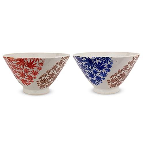 J-Kitchens Isaozan Kiln Pair Tea Bowl 11Cm Hasami Ware Made In Japan Two Colors Autumn Leaves (Blue Red)